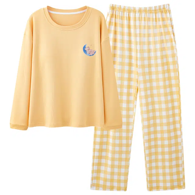 莫代尔 简约时尚卡通亲肤带胸垫防凸点套头圆领长袖上衣松紧带休闲可外穿格纹长裤睡衣套装 女款 小麦色