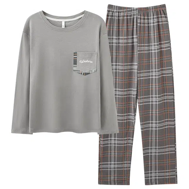 莫代尔 柔软舒适透气微弹细腻耐磨长袖松紧裤腰不勒腹可居家休闲可外穿长裤睡衣套装 男款 灰色