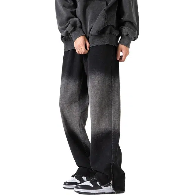 雅鹿 渐变百搭潮牌宽松阔腿百搭直筒休闲垂感显瘦水洗复古牛仔裤 男款 黑色