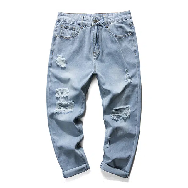 雅鹿 宽松百搭直筒休闲水洗怀旧潮牌高街美式破洞牛仔裤 男款 冰山蓝