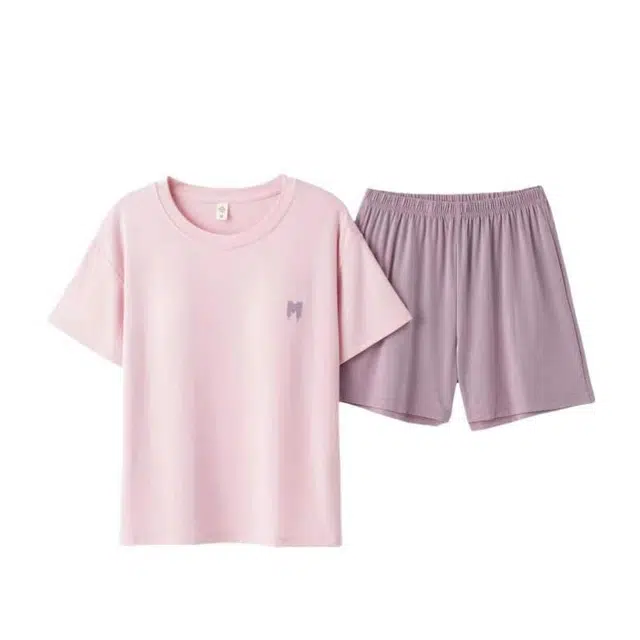 雅鹿 冰感莫代尔面料透气舒适纯色小清新圆领简约带胸垫短袖三分裤睡衣套装 女款 粉色