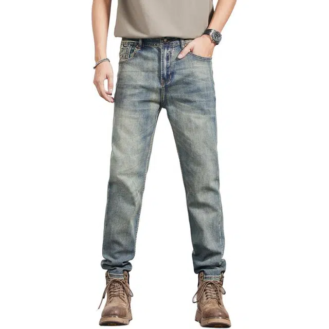 雅鹿 复古浅色宽松休闲弹力直筒怀旧牛仔裤 男款 黄泥蓝