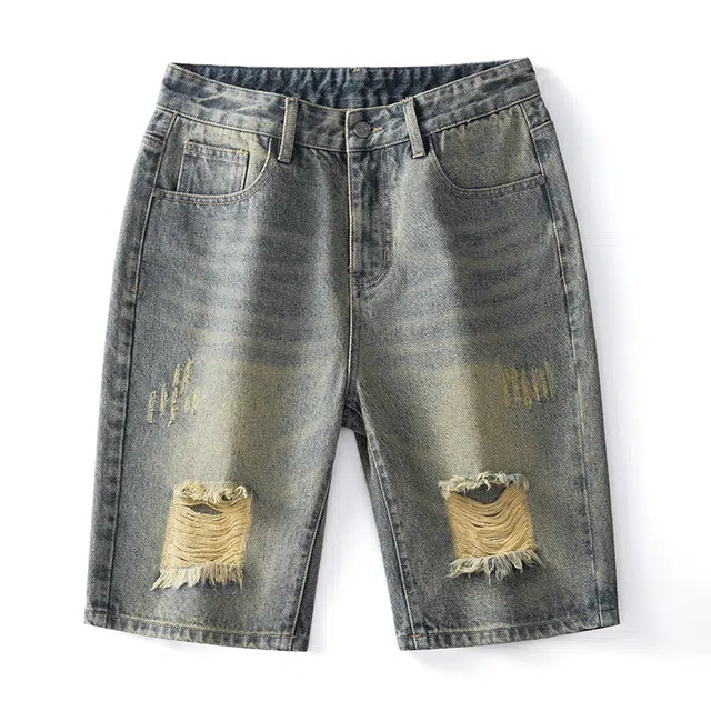 雅鹿 休闲破洞百搭水洗做旧薄款五分牛仔短裤 男款 黄泥蓝