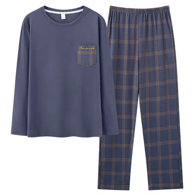 莫代尔 柔软舒适透气细腻耐磨长袖松紧裤腰不勒腹可居家休闲可外穿长裤睡衣套装 男款 蓝色