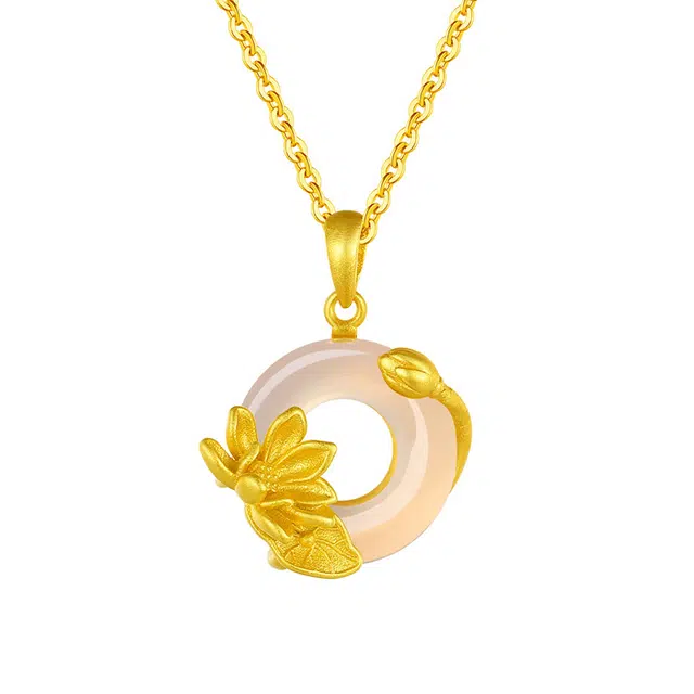 万娜 荷塘月色荷花平安扣 精致轻奢优雅小众设计高级感锁骨链 玉髓 项链 女款