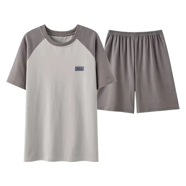 莫代尔 时尚纯色舒适透气亲肤休闲居家圆领套头短袖双口袋松紧带短裤可外穿睡衣套装 男款 浅灰色