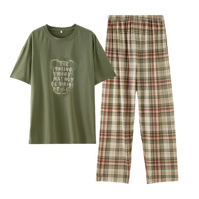 梦特娇 冰爽棉短袖长裤薄款可外穿 字母印花设计感小众 柔软亲肤休闲简约大码居家服睡衣套装 夏季 女款 格子绿