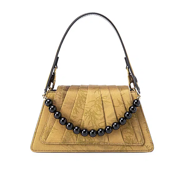 良锦记 新中式国风设计高级感时尚百搭 桑蚕丝拼牛皮 手提包 常规 女款 金色/黑色