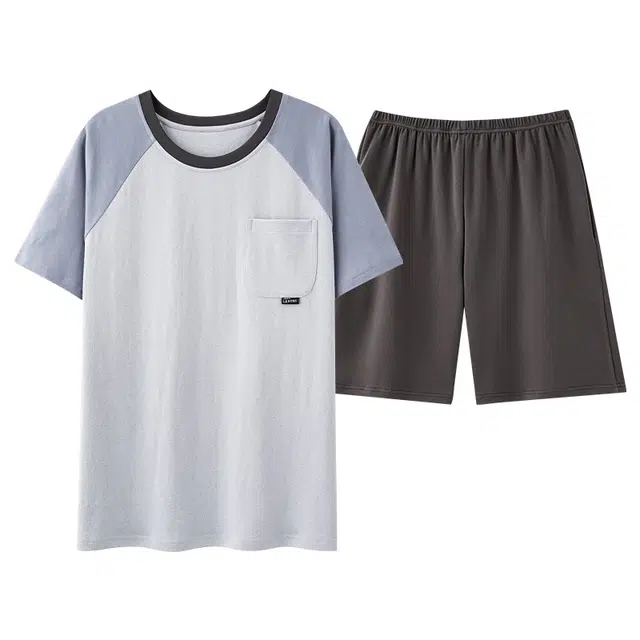 莫代尔 时尚纯色舒适透气亲肤休闲居家圆领套头短袖上衣双口袋松紧带短裤可外穿睡衣套装 男款 浅灰色