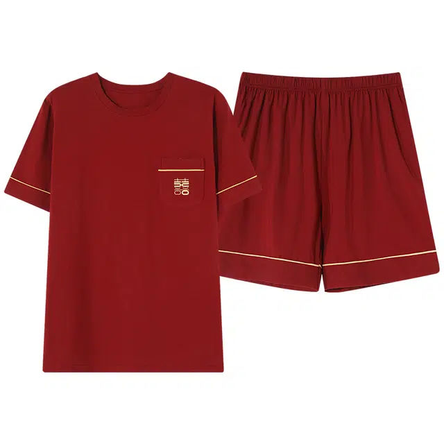 梦特娇 拉架棉薄款可外穿家居服 中国风本命年婚庆喜庆幸运服饰 宽松舒适柔软套头短袖休闲直筒五分裤短裤睡衣套装 夏季 男款 红色
