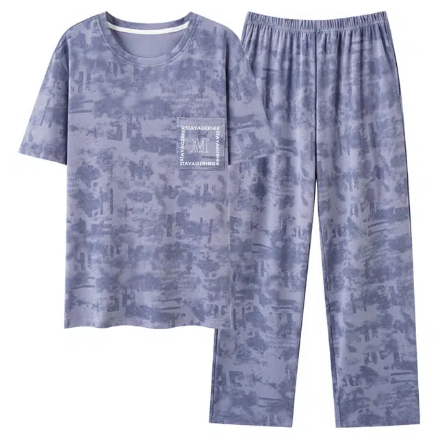 莫代尔 简约时尚舒适透气亲肤圆领套头短袖上衣松紧带长裤可外穿睡衣套装 男款 薰衣草淡紫