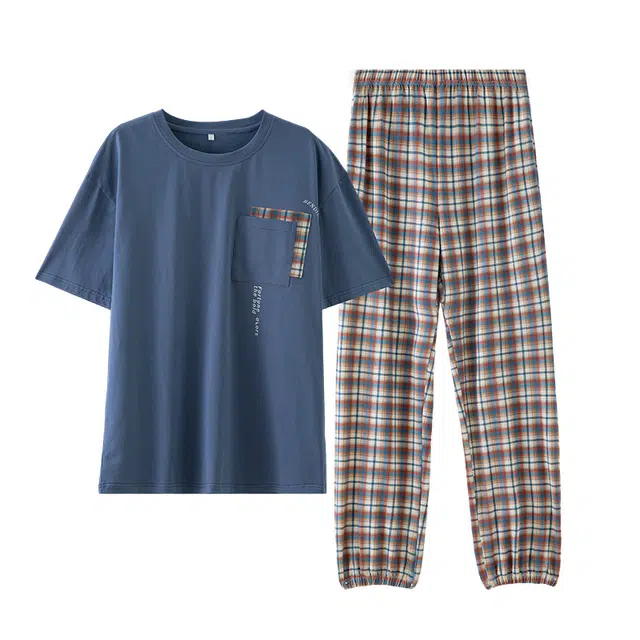 梦特娇 薄款短袖复古宽松长裤 舒适家居服两件套 高级感口袋小众设计 休闲风可外穿柔软亲肤凉感棉睡衣套装 夏季 男款 格子蓝