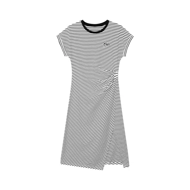 麓蔓蒂 法式气质条纹褶皱收腰不对称设计开叉显瘦裙子短袖连衣裙 女款