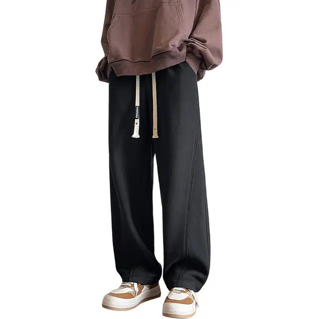 八哥 美式高街裤脚拼接分割三角线条设计松紧中腰抽绳宽松直筒阔腿拖地长裤通勤修身百搭薄款卫裤休闲裤 男女同款