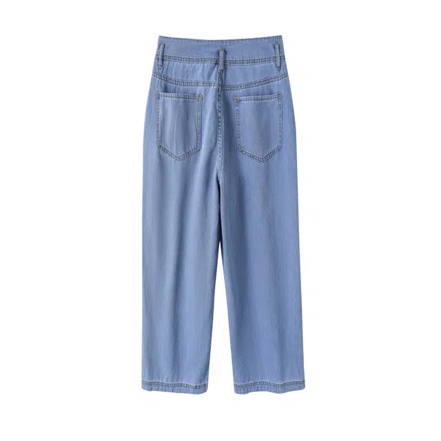 惟熙 窄版薄款双扣高腰宽松小个子垂感直筒七分裤牛仔裤 女款 浅蓝色