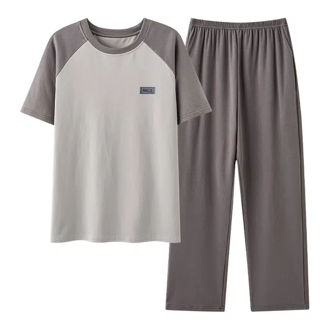 莫代尔 时尚纯色韩系舒适透气亲肤圆领套头短袖上衣双口袋松紧带长裤居家休闲可外穿睡衣套装 男款 玫瑰棕色