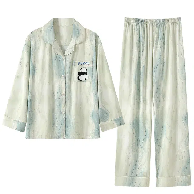 俞兆林 简约轻奢可爱亲肤舒适卡通长袖高级感可外穿长裤睡衣套装 女款 绿色