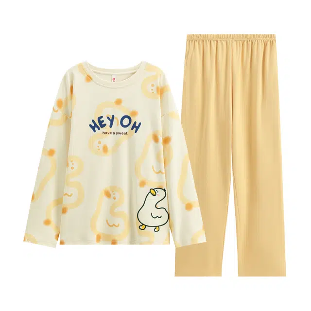 芬腾 可爱舒适纯棉圆领套头长袖纯色长裤睡衣套装 女款 米黄
