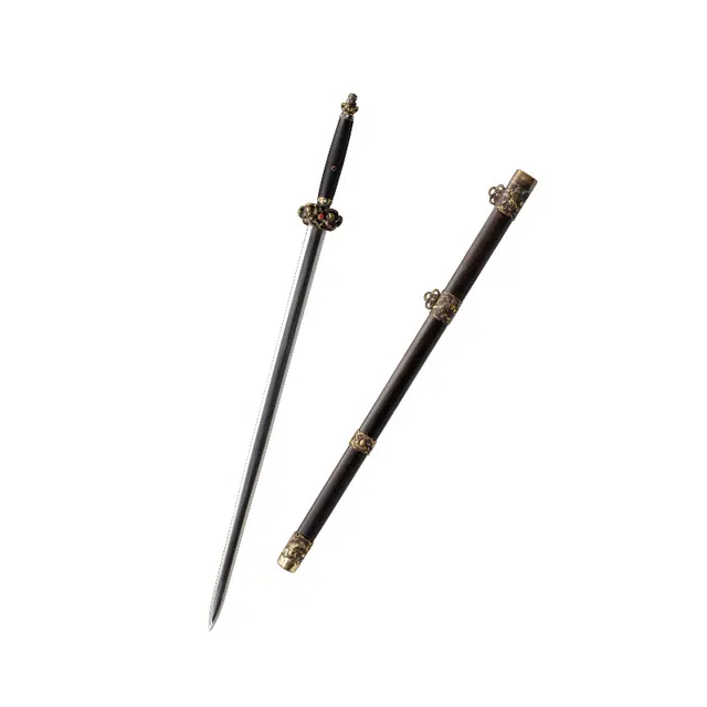 天子剑 狮子剑 黑檀木鞘黄铜精雕装饰嵌宝石百炼花纹钢剑身 未开刃 收藏摆件 成品模型