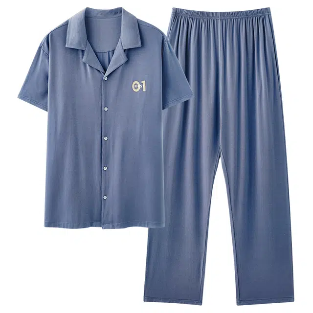 莫代尔 纯色休闲亲肤轻薄透气舒适开衫翻领短袖长裤可外穿睡衣套装 男款 图片色
