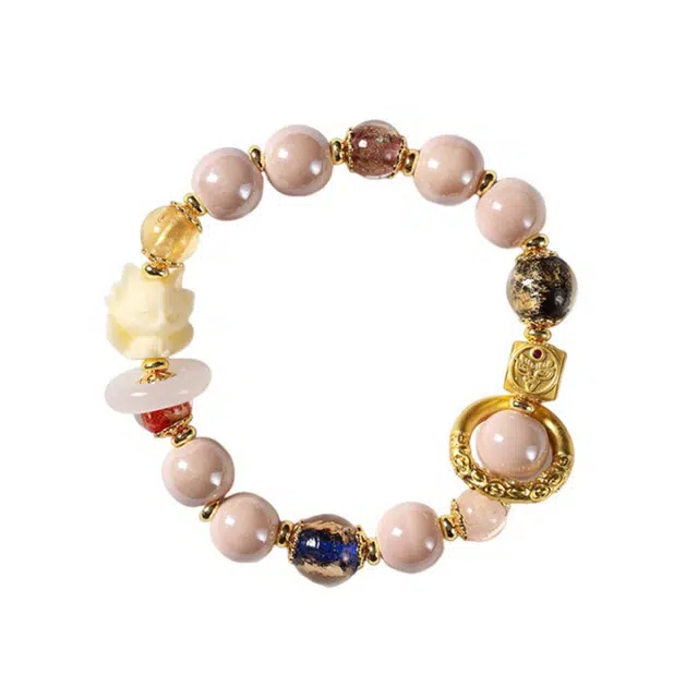 岁月静好 新中式国潮复古民族风香灰瓷九尾狐粉瓷本命年桃花转运仙狐金箔龙年吉祥如意文玩念珠盘玩佛珠 琉璃 手串 男女同款情侣款