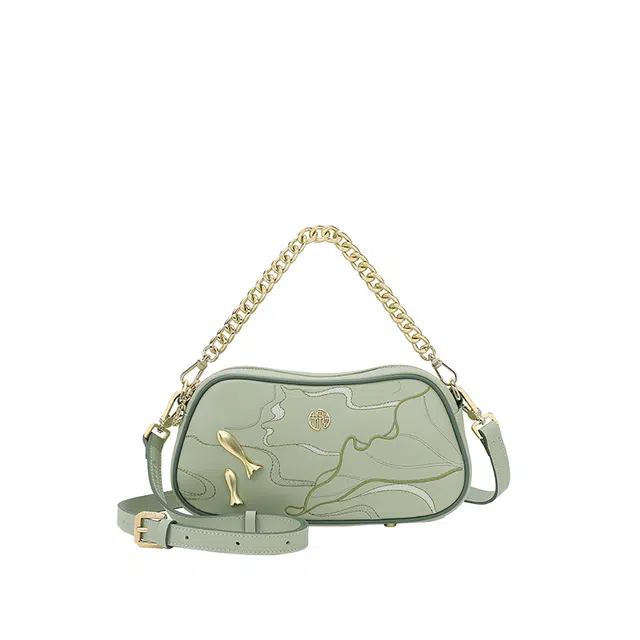 古伊西 锦鲤戏荷新中式中国风刺绣牛皮 旗袍高级感链条斜挎包 小号 女款 藕荷绿