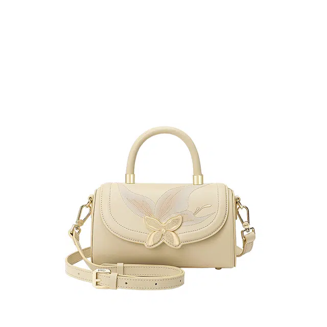 古伊西 落蝶系列新中式圆筒包 中国风刺绣工艺 蝴蝶五金牛皮 小众复古旗袍手提单肩斜挎包 小号 女款 杏白色