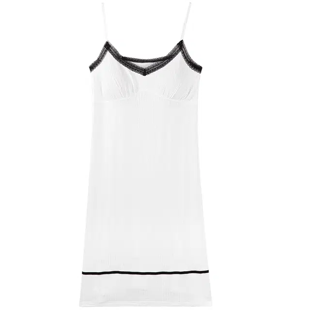 莫代尔 简约舒适亲肤柔软透气耐磨自带可拆卸胸垫防凸点肩带可调节蕾丝拼接可外穿吊带睡裙 女款 白色