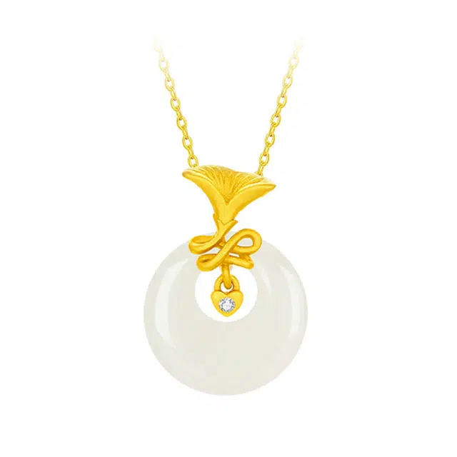 周百福 杏运平安扣 平安纳福国风银杏叶三生有幸小众高级感冷淡风可调节 玉髓 玉石项链 男女同款情侣款