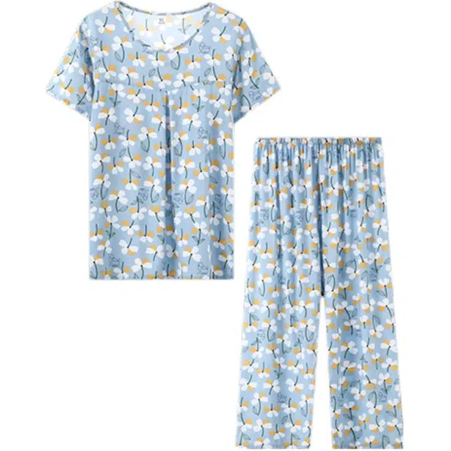 雅鹿 薄款休闲舒适亲肤短袖七分裤外穿家居服睡衣套装 女款