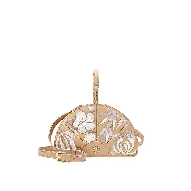 古伊西 梅兰竹菊新中式半圆包中国风刺绣 牛皮 旗袍手拎高级感斜挎包 小号 女款 杏仁黄