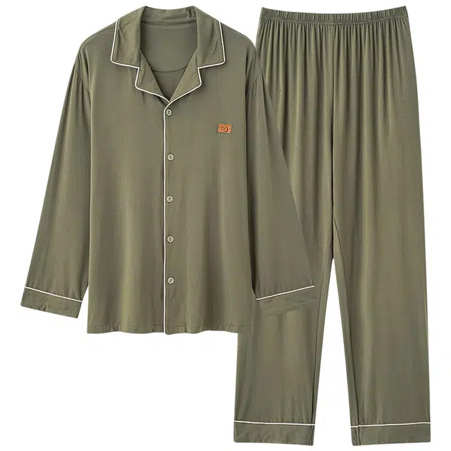 莫代尔 纯色舒适透气家居服翻领开衫长袖双口袋松紧带长裤可外穿男士睡衣套装 男款 橄榄色