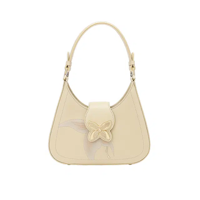 古伊西 落蝶系列新中式法棍包 中国风刺绣工艺 蝴蝶五金 牛皮 高级感绣花腋下单肩包妈妈包斜挎包 中号 女款 杏白色