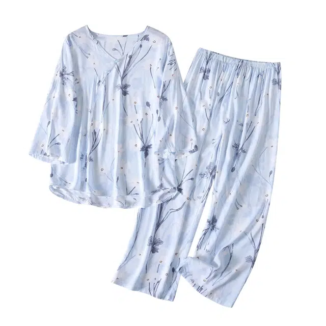 莫代尔 薄款凉感七分袖可外穿家居服睡衣套装 女款 蓝色