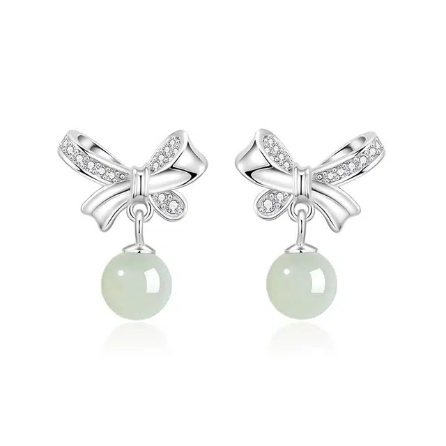 中国黄金 珍·尚银 新中式 蝴蝶结小众轻奢设计 温柔典雅复古浪漫 养耳洞女友送礼礼物 和田玉 耳环 女款 青玉 礼盒