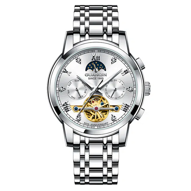 冠琴镂空多功能 休闲百搭 机械机芯 精钢表带 国表 男表 银色表盘 防水夜光