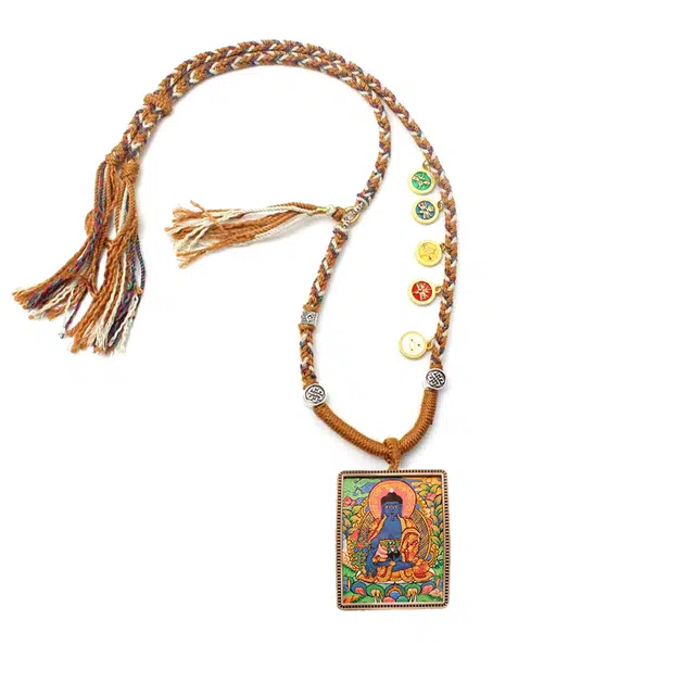 玉临门 国潮吉祥如意药师佛唐卡热贡手绘 合金 吊坠 男女同款情侣款