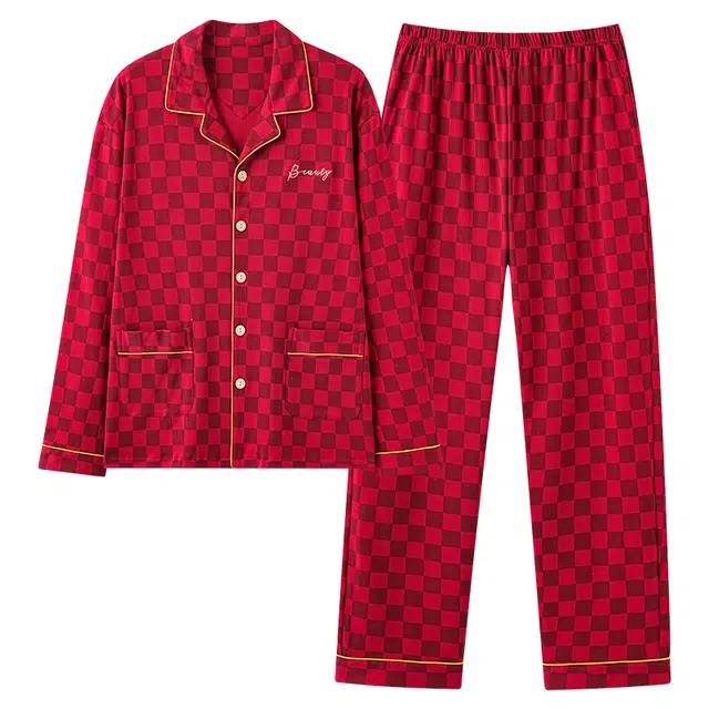 莫代尔 时尚纯色格纹舒适居家休闲翻领开衫长袖双口袋松紧带长裤可外穿睡衣套装 男款 猩红色
