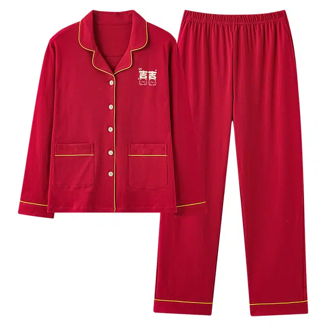 莫代尔 居家时尚舒适纯色印花开衫翻领长袖上衣双口袋松紧带长裤带胸垫可外穿少女秋冬睡衣套装 女款 猩红色