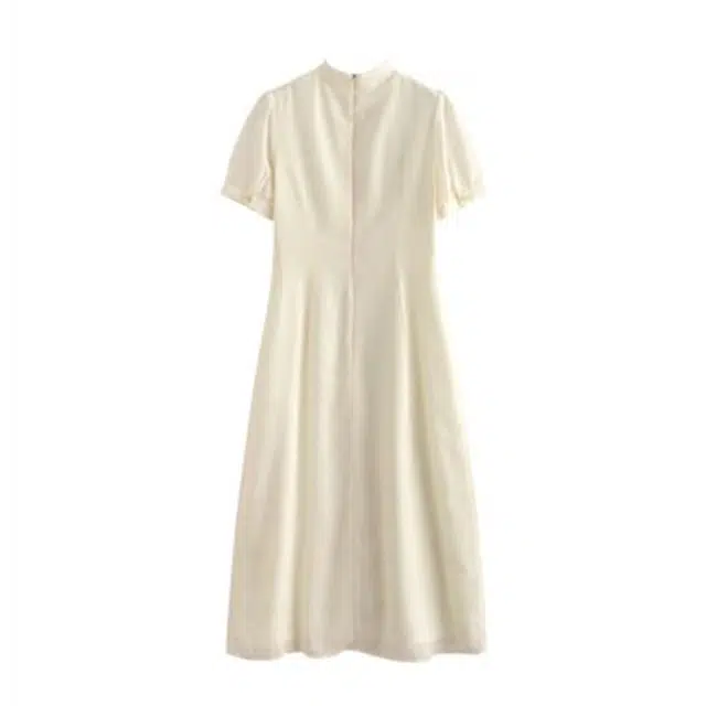 初语 优雅改良国风新中式拼接短袖连衣裙 女款 米黄色