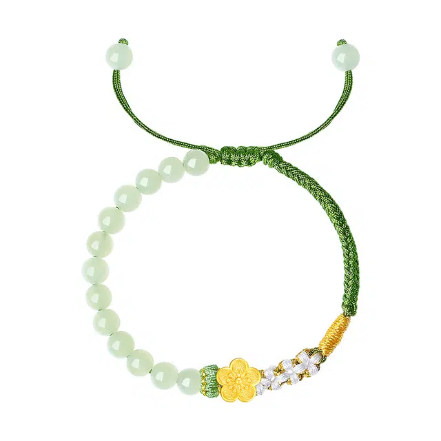 周大生 玉玲珑银镶玉桃花手绳小众设计感半绳半珠手饰 和田玉 手工编绳手链 女款 青白玉