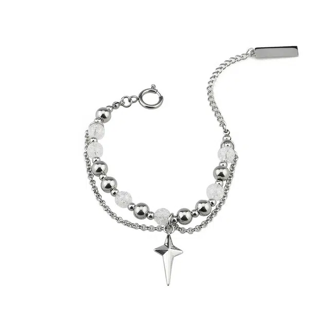 大唐国鼎 四芒星潮酷  冷淡风个性小众配饰潮嘻哈 十字架 钛钢 琉璃 玉石手链 男款