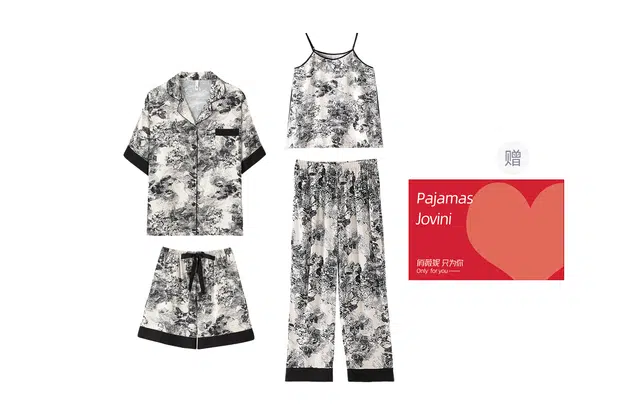 俏薇妮 新中式水墨画凉感高级感家居服实用短袖休闲薄款睡衣套装 女款 黑色