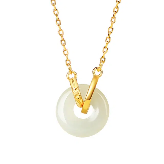 万娜 平安扣 新中式祥云环环相扣 典雅锁骨链 和田玉 项链 女款 青玉