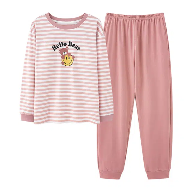 莫代尔 舒适卡通印花休闲时尚居家套头圆领上衣长袖双口袋松紧带长裤带胸垫防凸点可外睡衣套装 女款 粉红色