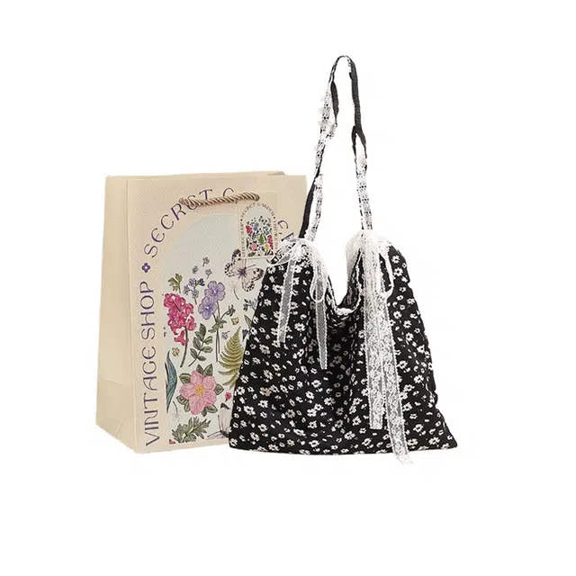 爱尔绅特 碎花纯欲拼接蕾丝蝴蝶结高颜值外出袋 帆布 单肩包 手提包 斜挎包 常规 女款 黑色