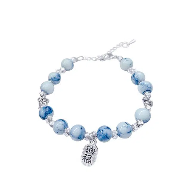 大唐国鼎 青花瓷  新中式中古青花瓷小众高级感流苏 小众轻奢高级气质 琉璃 玉石手链 女款