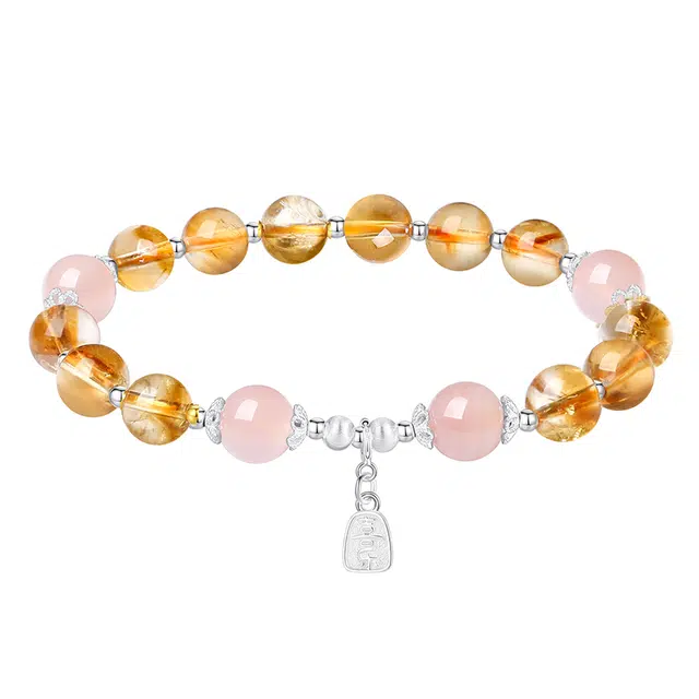 周大生 喜乐吟银镶玉喜乐牌手饰小众新中式桃花粉晶手饰 水晶 手串 女款