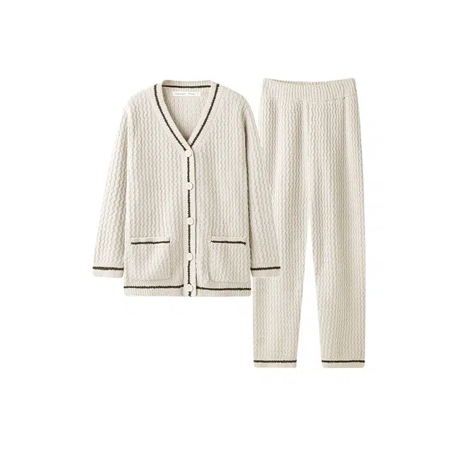 贝妍 保暖开衫上衣时尚纯色可外穿长裤睡衣套装 女款 杏色