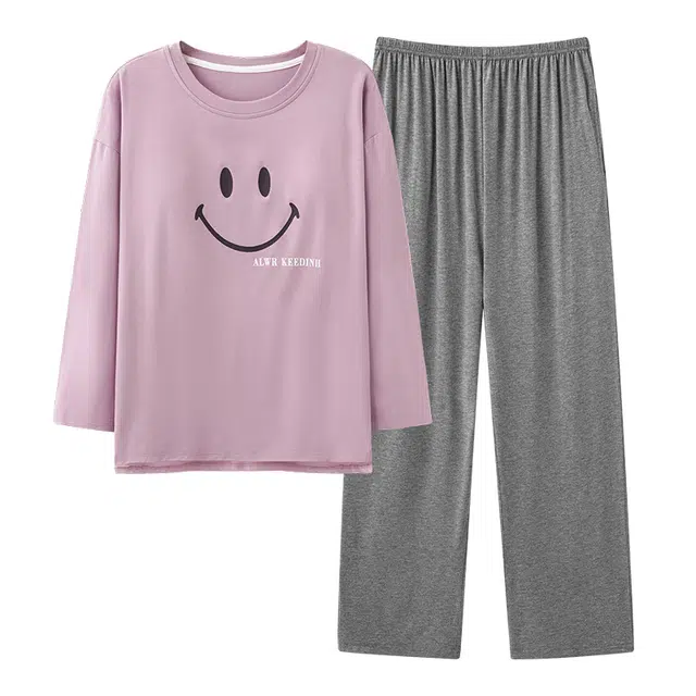 莫代尔 时尚纯色居家休闲圆领套头长袖上衣带胸垫防凸点可外穿双口袋长裤睡衣套装 女款 浅紫色